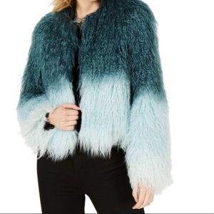 Bar III Glitter Glamour Mongolian Faur Faux Jacket Teal Blue Green Ombre Medium